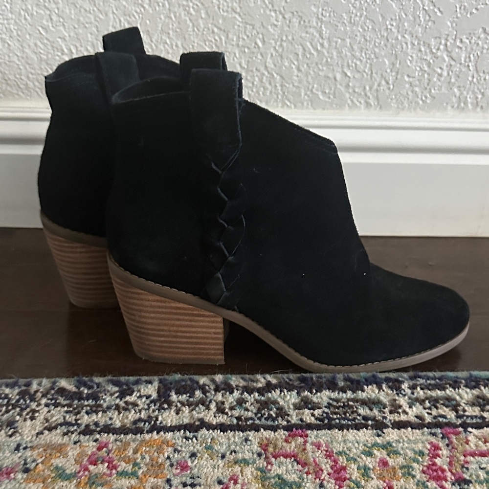 Toms Suede Black Ankle Booties with Brown Heel And Braid Trim